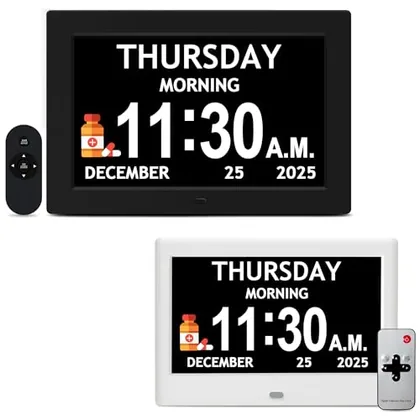Flyruit 7 in White & 10.1 in Black Dementia Clock Set (2-Pack) - Large